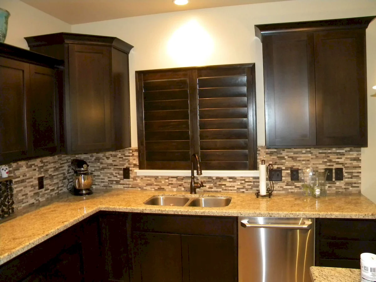 kitchen with interior custom plantation shutters made of wood