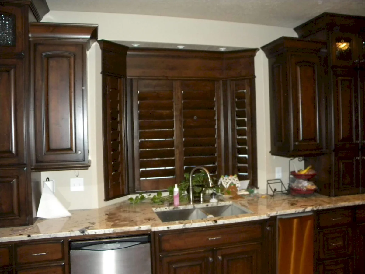 kitchen with narrow interior custom plantation shutters made of wood
