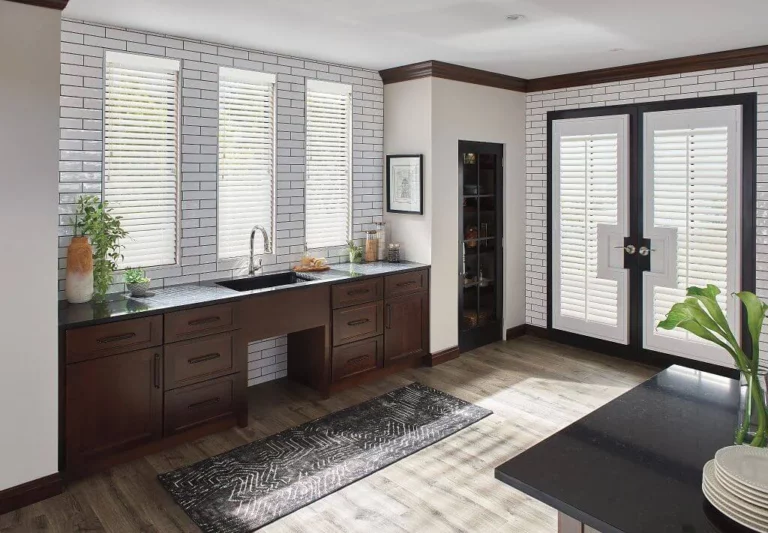 kitchen with with blindsindoor custom plantation shutters made of wood